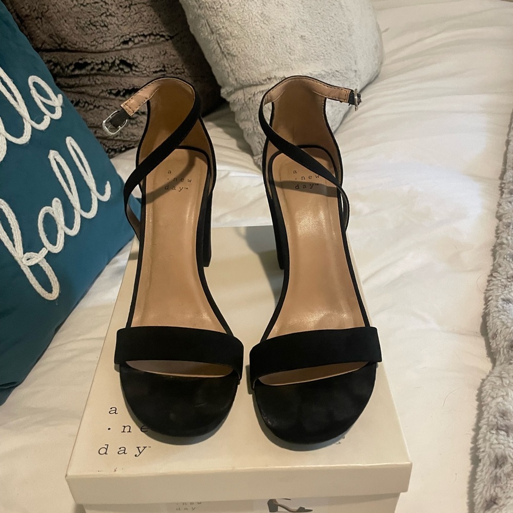 Black velvet block heels